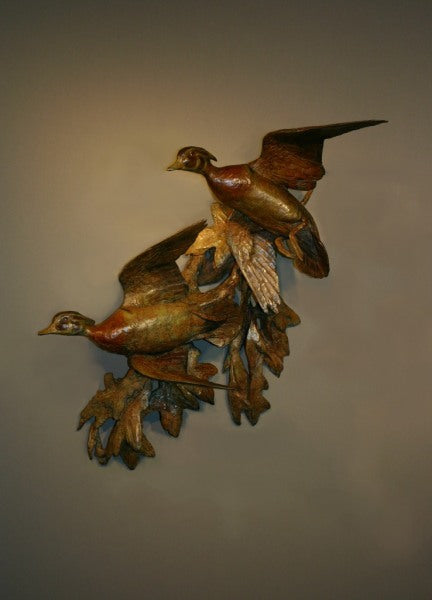 Walter Matia-Flying Wood Duck Pair-Limited Edition Sculpture